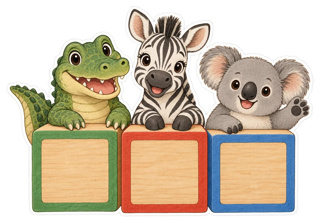 Un alligator, un zèbre et un koala derrière des cubes