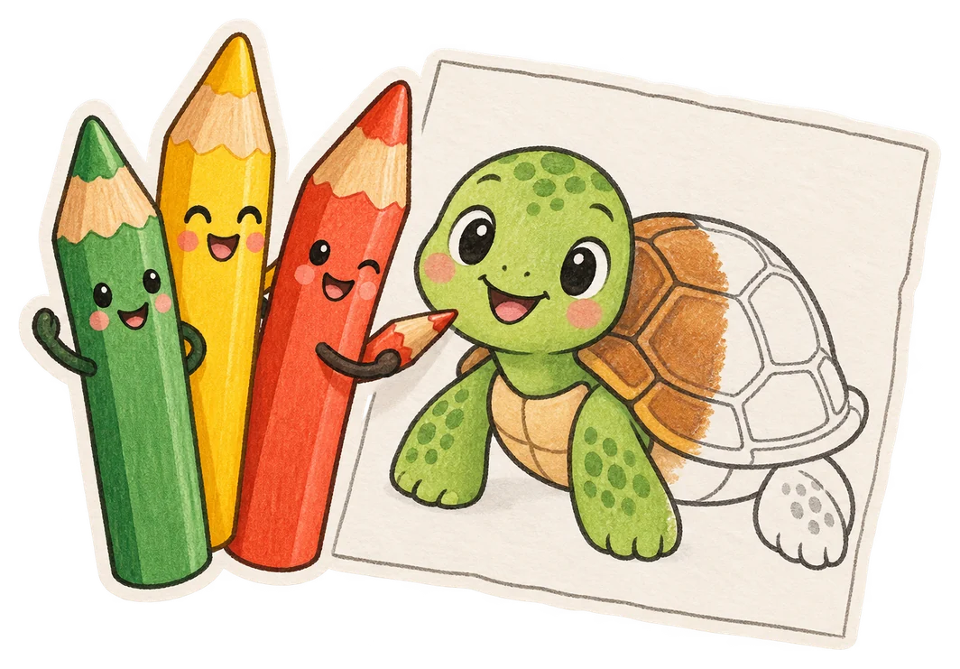 Des crayons de couleur et un coloriage de tortue