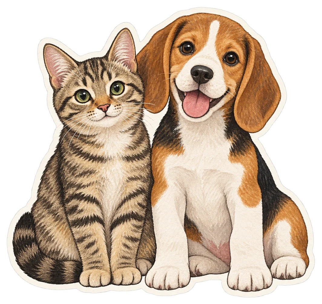 Un chat tigré et un chiot beagle