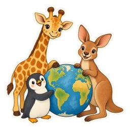 Une girafe, un kangourou et un manchot entourent un globe terrestre représentant les continents