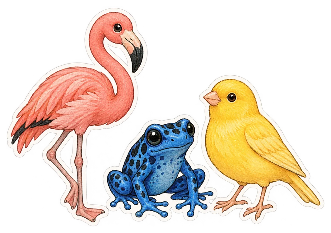 Un flamant rose, une grenouille bleue et un canari jaune