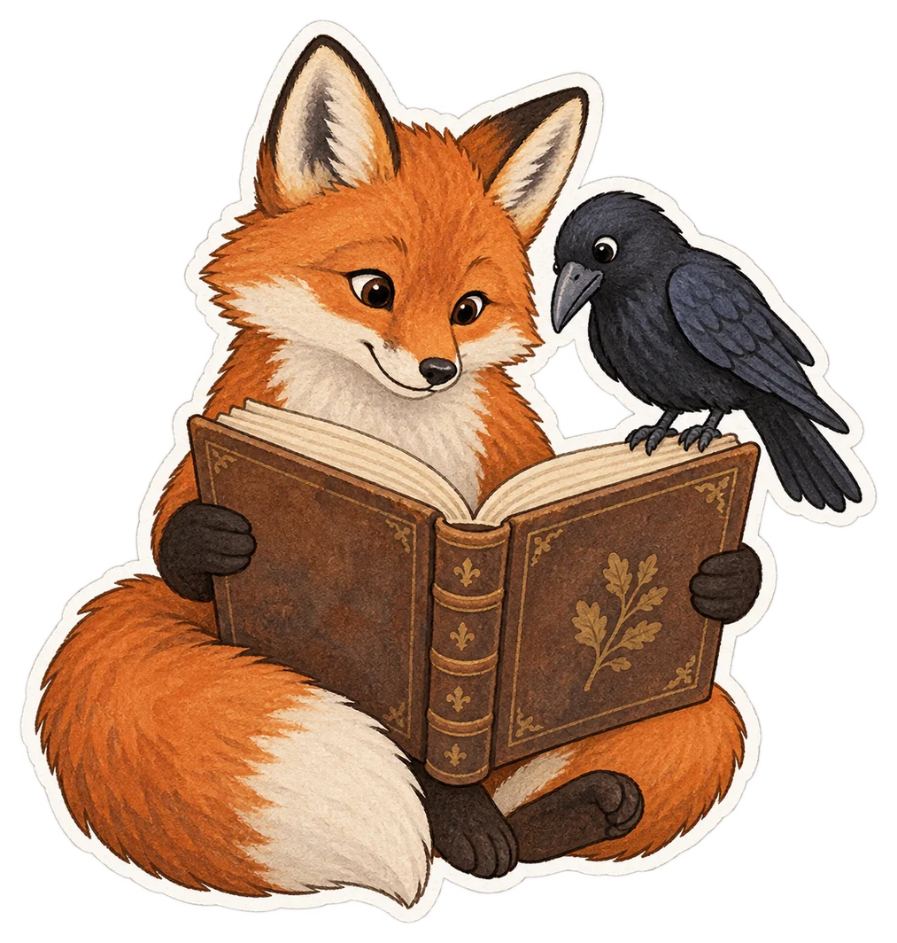 Un renard qui lit un vieux livre avec un corbeau