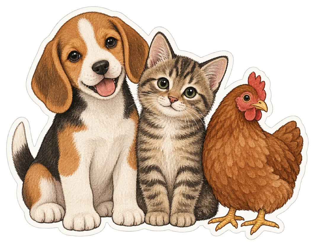 Un chien, un chat et une poule