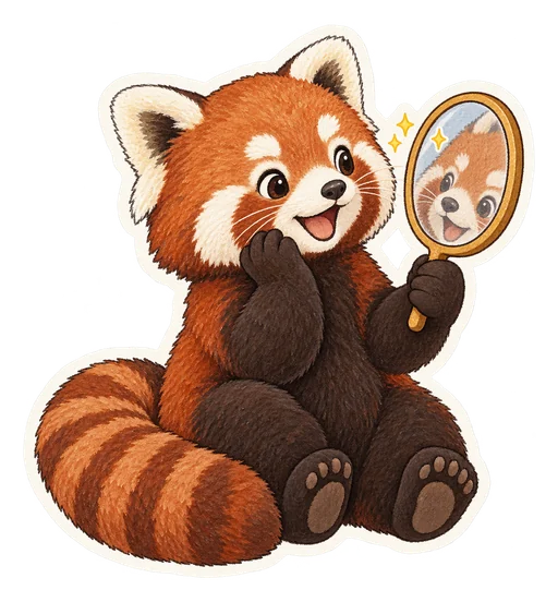 Un panda roux devant un petit miroir